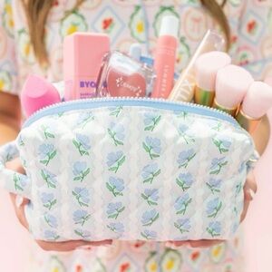 Blue Belle Floral Quilted Cosmetic Pouch with Side Handle
